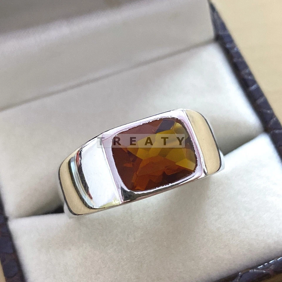 Piedras preciosas de corte cojín de citrino con anillo de plata de ley 925 para hombre #B792 Foto 3 de 4
