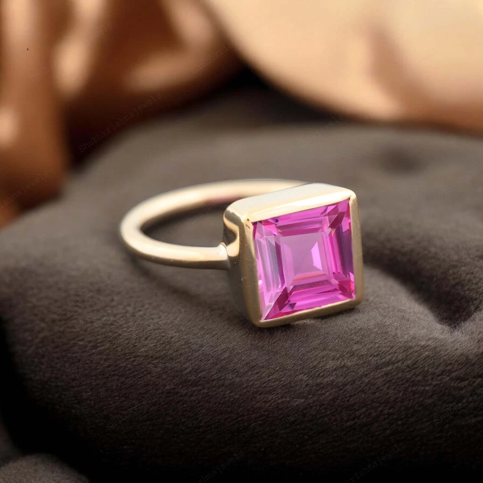 Anillo de compromiso enchapado en oro rosa zafiro corte princesa anillo solitario regalo Foto 2 de 4