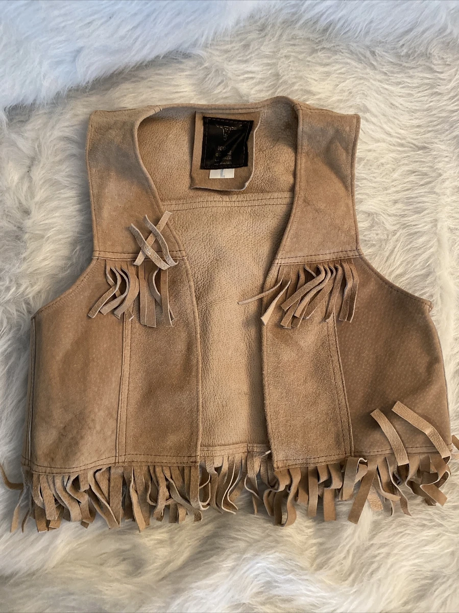 Vtg Adorable Brown Suede Child Size L Western hippie Vest Fringe