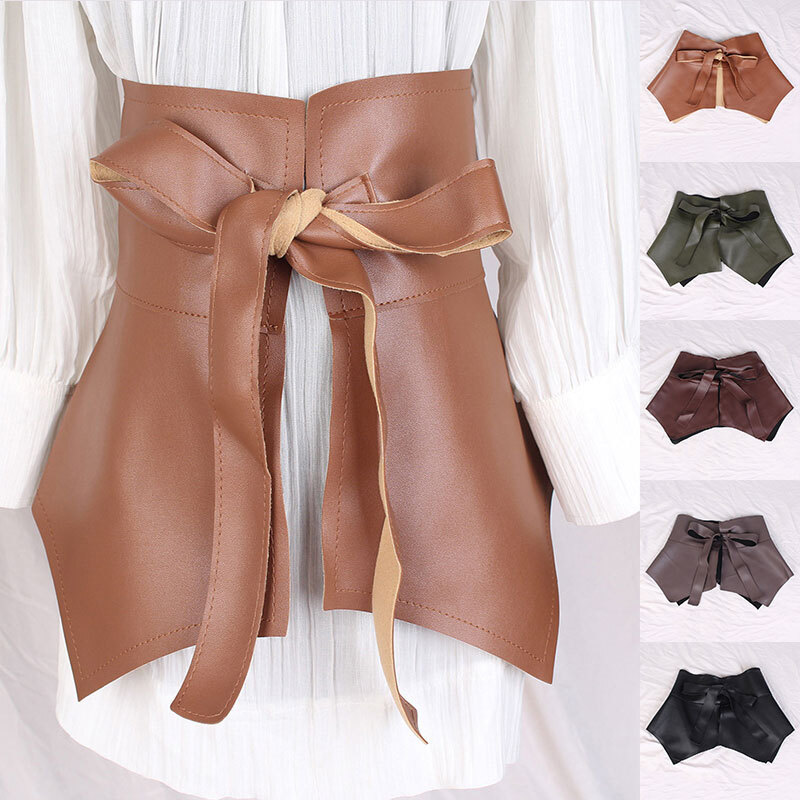 Women Ruffle Waist Belt Self-tie Knotted Waistband Pu Leather Wide Cummerbunds/