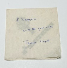 collectibles autographed Truman Capote on Peartree's NYC cocktail napkin
