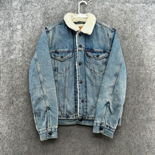 Levi Jacket Mens S Blue Medium Wash Button Down Sherpa Lined Denim Trucker Coat