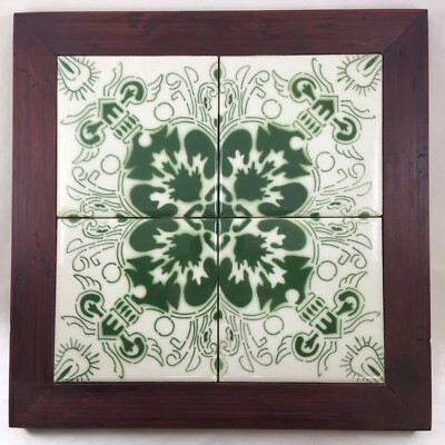 Mexican Tile Trivet Green Off White Wooden Frame Felt Back 11 Square 4¼ Tiles 