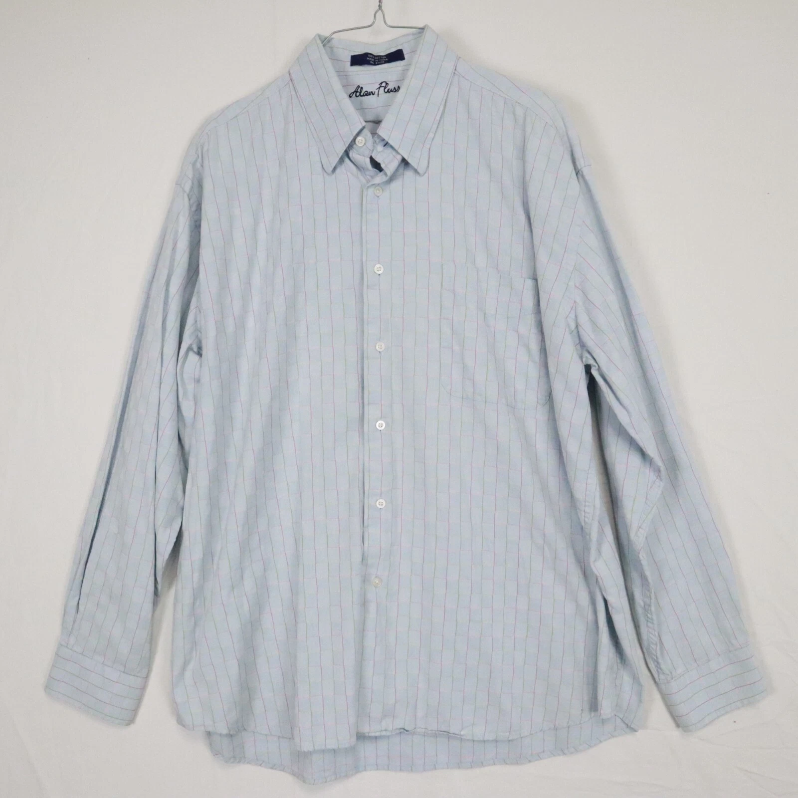 Alan Flusser Shirt Mens XL Casual Pocket Button Down Blue Check Long Sleeve