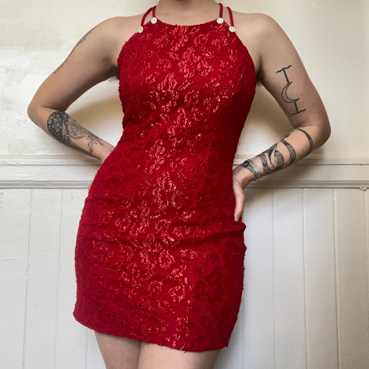 Vintage Lace Red Mini Party Dress Strappy Back Rhinestone Detail Spaghetti Strap | eBay Vintage Lace Red Mini Party Dress Strappy Back Rhinestone Detail Spaghetti Strap | eBay