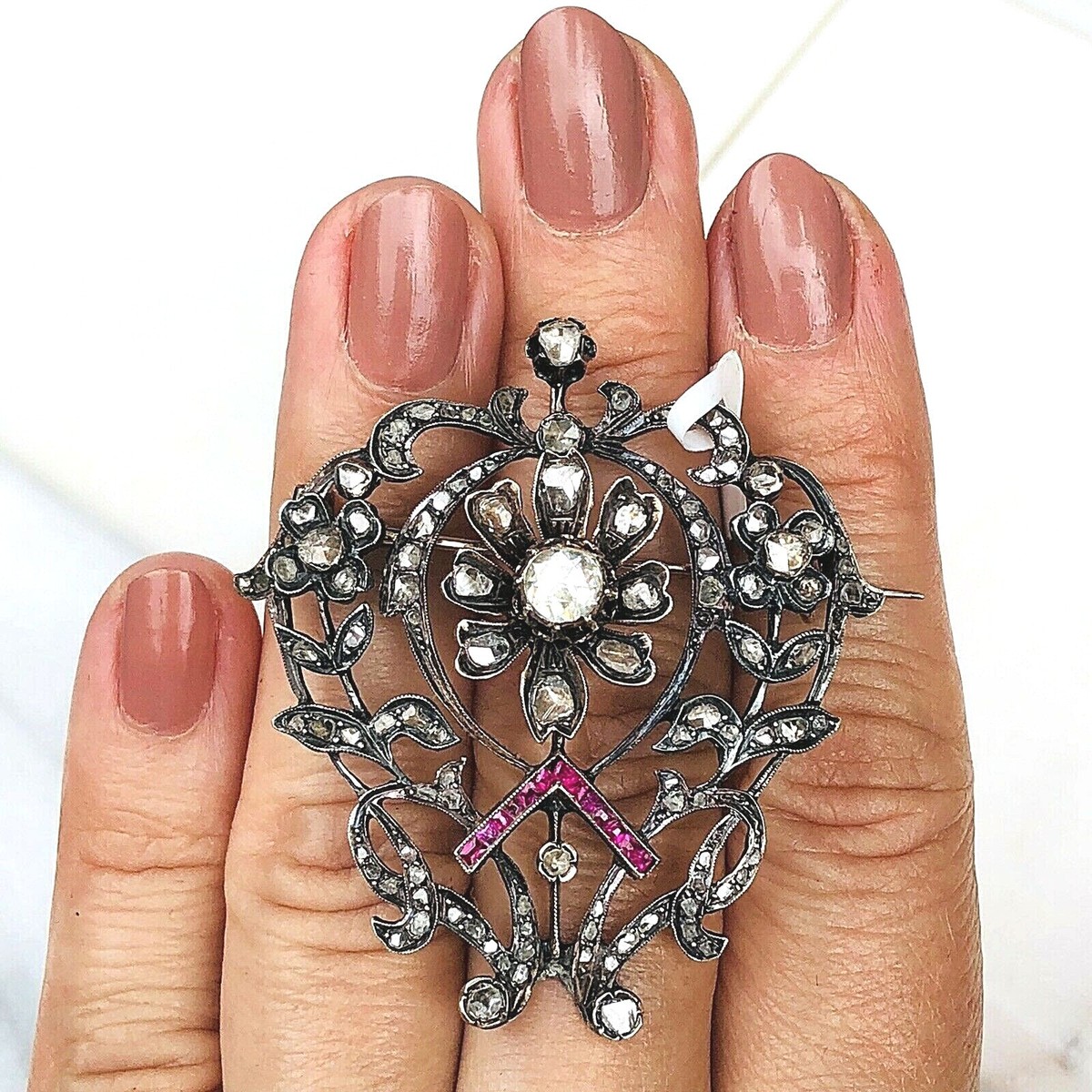 Broche Vintage Ronde Cristaux Diamant Rose - Bijou Argent Gravé, Occasion