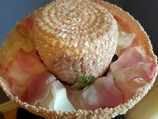 antique vintage RAFFIA hat with silk flowers, GWENN PENNINGTON NY