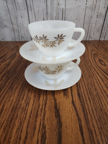 Federal Milk White Cups & Saucers Golden Glory Pattern Vintage Retired Lot of 2 - Picture 2 of 15
