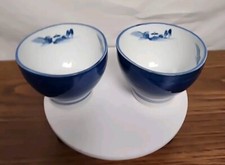 Vtg Japanese Blue & White Hand Painted Tea Bowls/rice Bowl Set Of 2
