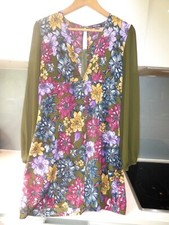 NASTY GAL khaki green yellow pink blue FLORAL smock tunic dress Size 10