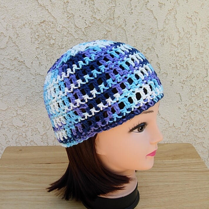 White Blue Purple Cotton Crochet Knit Hat Summer Beanie Women's