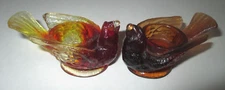 Pair of Vintage Degenhart Bird & Berry Open Salts in Amber Glass