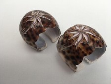 Set of Two Vintage Tiger Cowrie Shell Napkin Rings with Flower Pattern