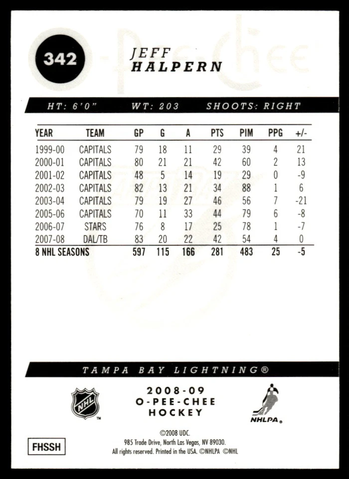 2008-09 O-Pee-Chee Gold Jeff Halpern Tampa Bay Lightning #342 - Image 2 of 2