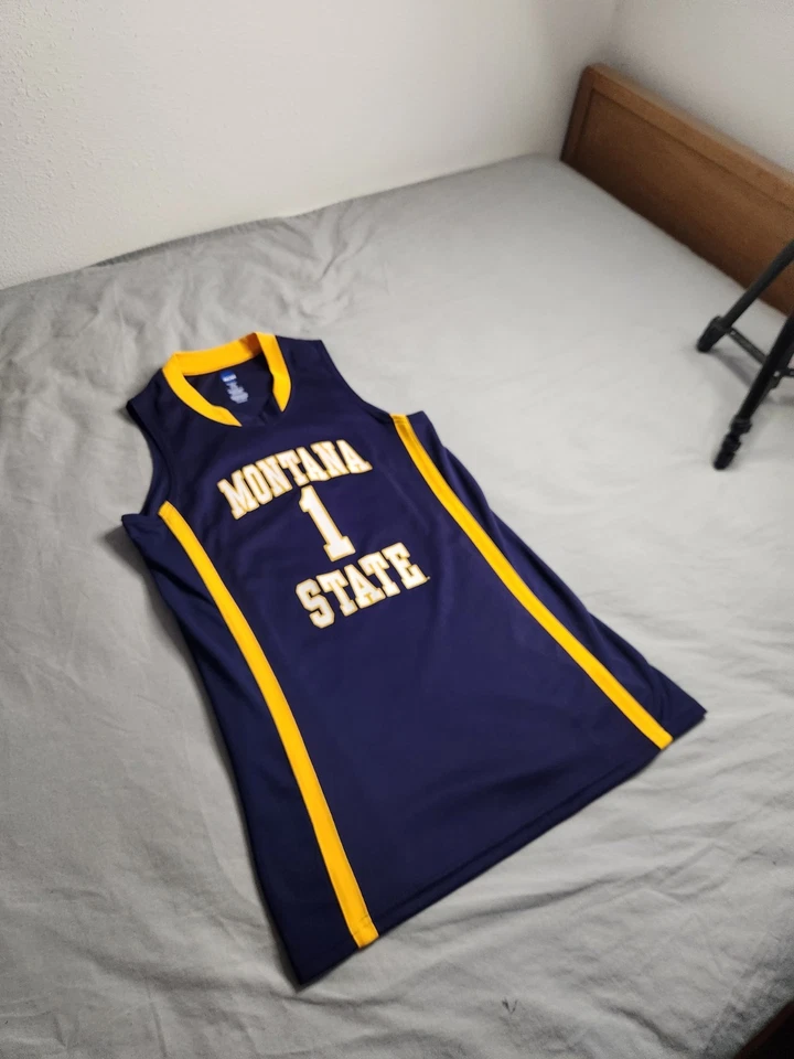 Camiseta deportiva de baloncesto de colección Montana State Bobcats NCAA #1 para hombre talla pequeña azul amarillo Foto 2 de 4
