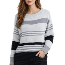 Lucky Brand Womens Medium Gray Striped Cotton Blend Wide Neck Casual Sweater