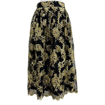 Vintage Vera Mont Made in Italy Gold Sequin Embroidered Floral Tulle Midi Skirt