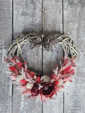 Dried Flower Wreath, Grey Wicker Heart. Burgundy, Pink & white Flowers