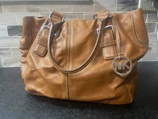 Michael Kors Brown Leather Shoulder Tote Bag Buckle Straps Silver Hardware