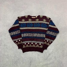 Vintage abstract knitted jumper Patterned Grandad knit sweater Men's M