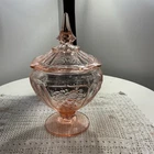 Vintage pink depression glass lidded candy dish with floral design