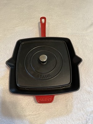 EUC Staub Cast Iron Matte Red & Black 12'' Square Grill Frying Pan and Press