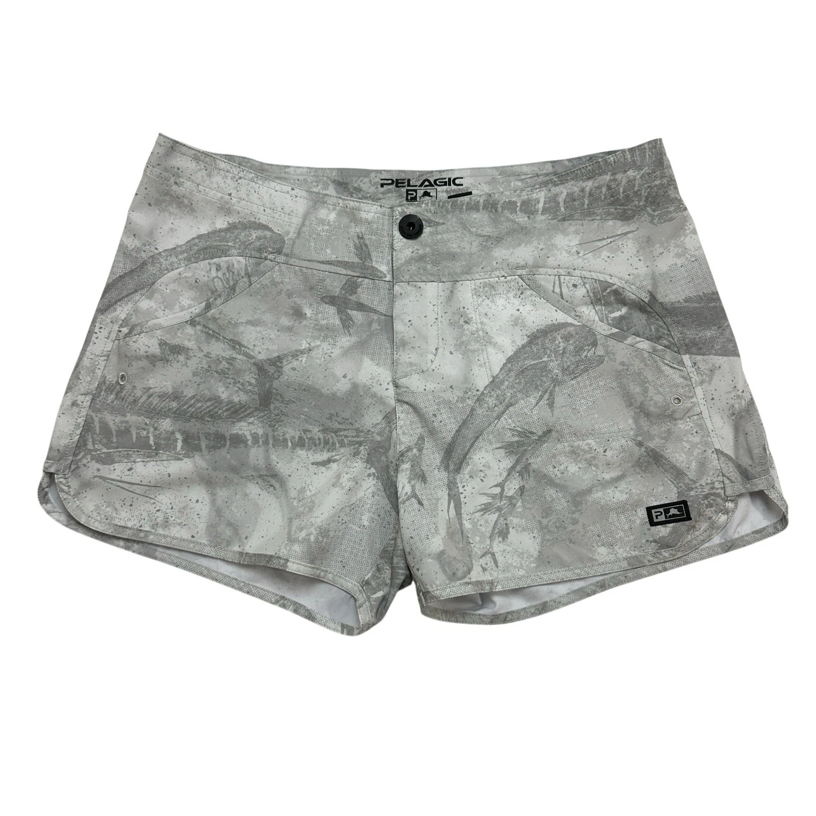 PELAGIC Moana Fishing Performance Hybrid Shorts Women 8 Gray Ocean Print EUC
