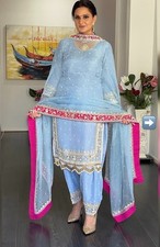 Embroidered Georgette Top Farshi Plazzo Set with Pearl Work  Net Dupatta