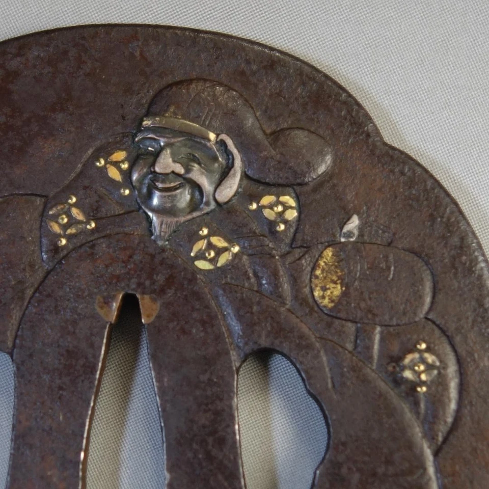 Edo Period Japanese Iron Tsuba Daikokuten Gold Silver Inlay Samurai Sword Guard - Image 2 of 4