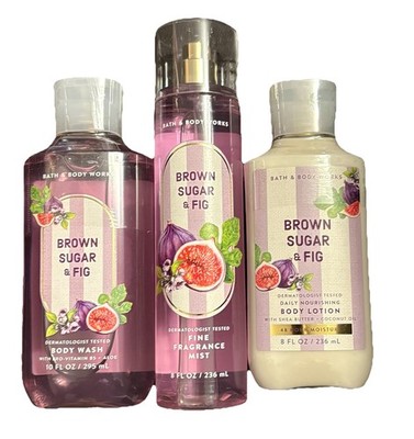 3 PC BATH and BODY WORKS Brown Sugar & Fig Spray Mist, Lotion, Shower Gel Wash