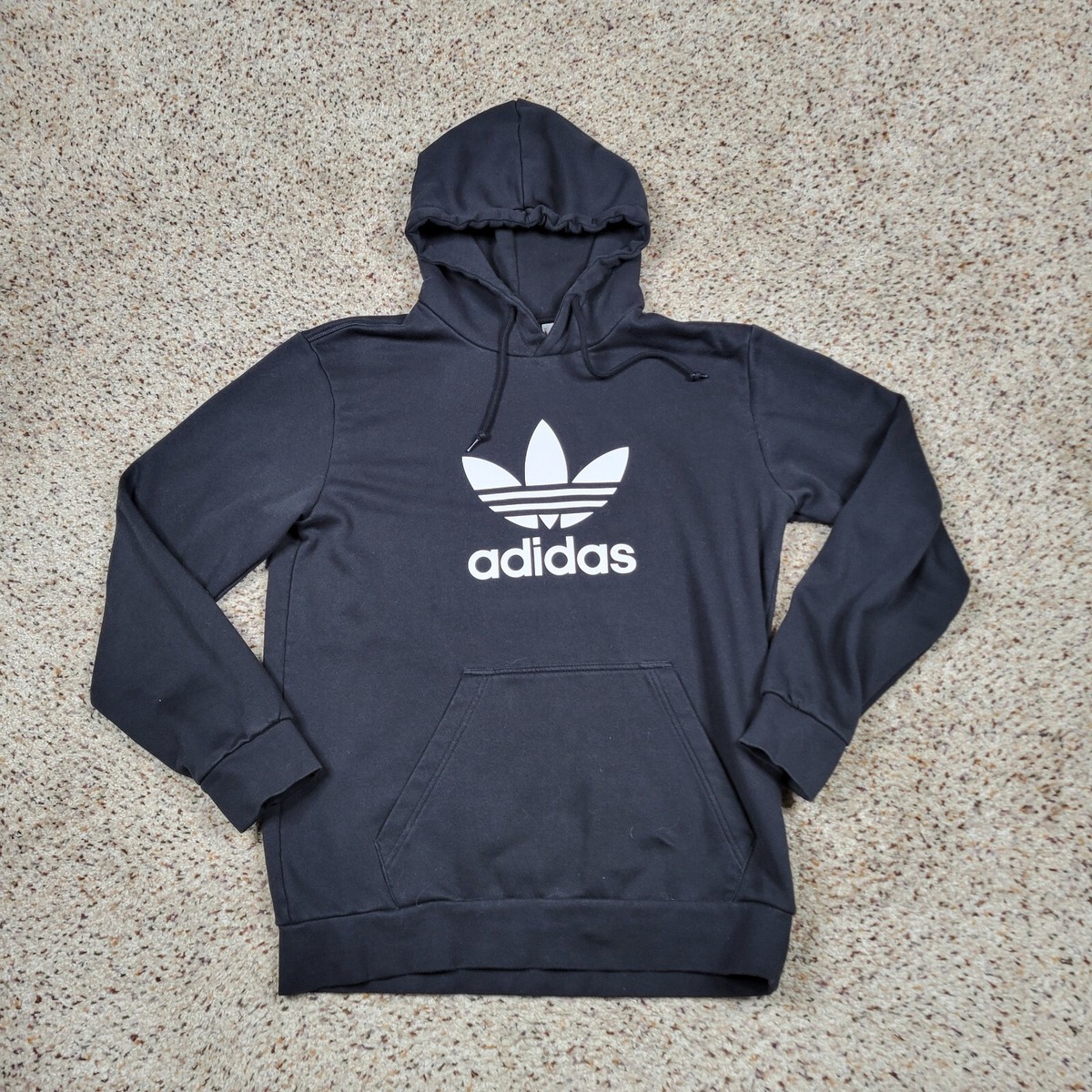 Adidas Hoodie Mens Medium Black White Trefoil Sweatshirt Sweater Spell Out  Adult