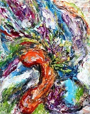 Original Abstract Artwork, Flower Painting Bird of Paradise oil textured, signed