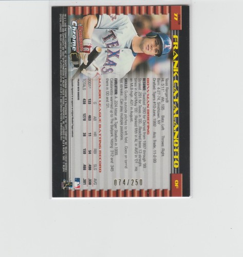 2002 Bowman Chrome # 77 Frank Catalanotto X-Fractor #074/250 Texas Rangers - Picture 2 of 2