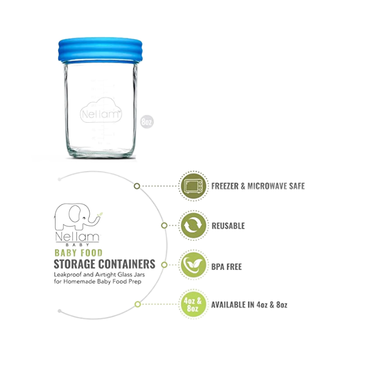 Nellam Glass Baby Food Storage oz Containers with blue lid, set of