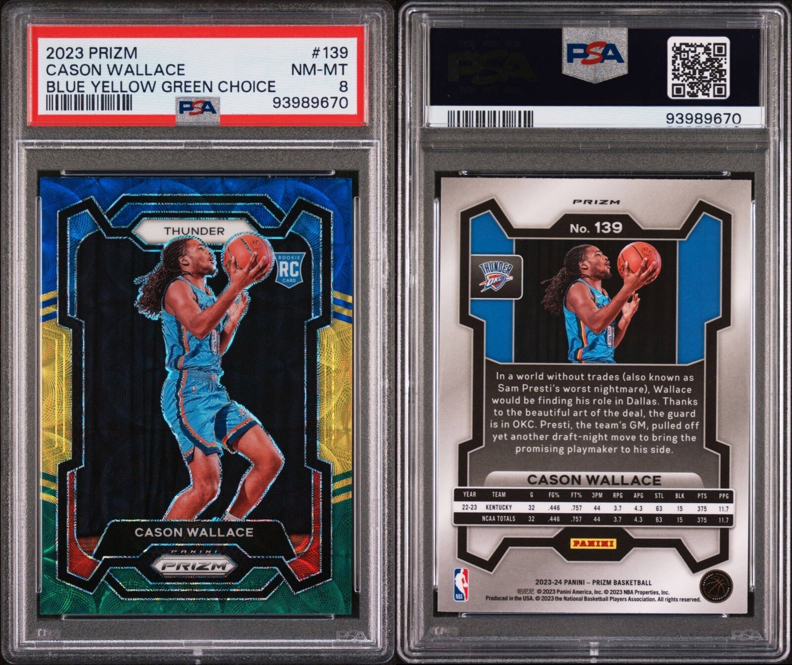 2023-24 CASON WALLACE Panini CHOICE BLUE/YELLOW/GREEN Prizm SP #139 RC PSA 8