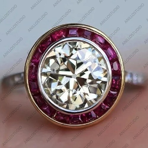 Diamond & Princess Ruby Halo Wedding Engagement Band Ring 925 Sterling Silver - Picture 3 of 4