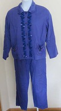 Vtg 1980s 1990 Cavalier Ladies Purple PANT SUIT Sz L Pom Pon Accent Retro Groovy