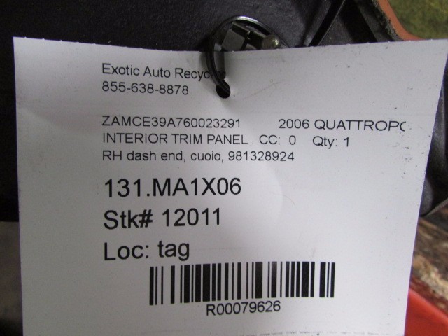 Maserati Quattroporte RH, Right Side Dash End Panel, Cuoio, Used, P/N 981328924