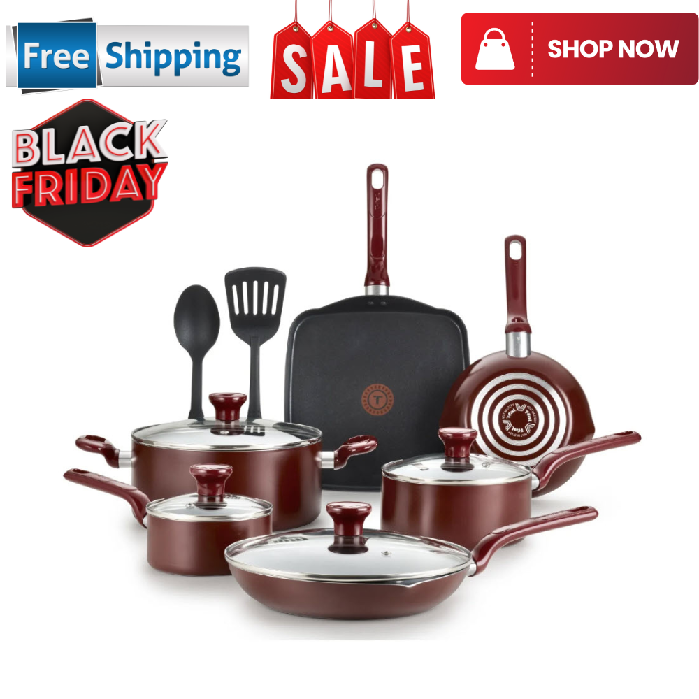 T-fal Easy Care 12-Piece Non-Stick Cookware Set, Pots and Pans, Red