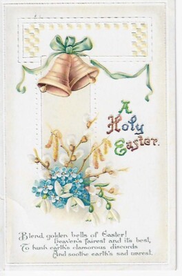 Postcard  A Holy Easter Bells Blue Flowers International Art Publishing Co