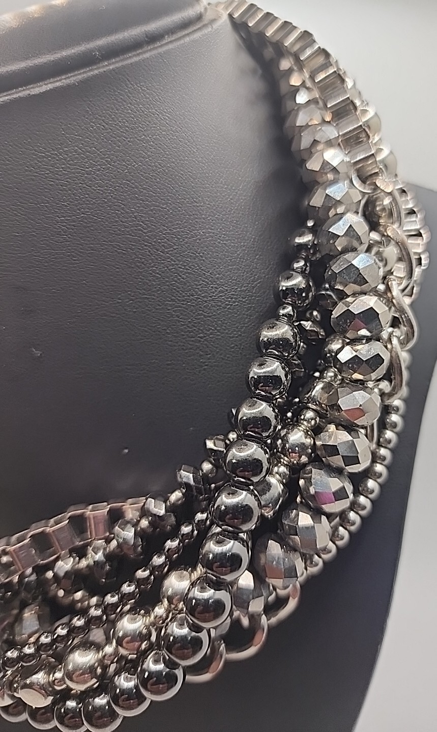Brutalist Statement Collar Layered Silver Tone Ch… - image 4