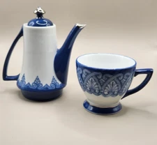 Bombay Company Tea for One Set Arabesque Tile Pattern Cobalt Blue w/ Silver Trim