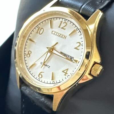 Citizen Women's Watch EQ0593-26A Quartz 27mm Silver Dial Gold Black Leather Band