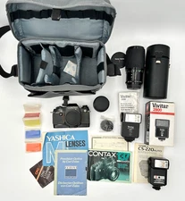 Camera BUNDLE Contax 137 MD Quartz 35mm Tested Vivitar 70-210mm Lens Flash Bag