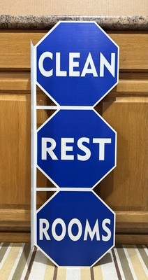 Clean Rest Rooms Flange Sign Oil Gas Station 2 Sided Vintage Style Wall Decor