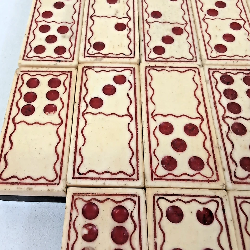 Antique Vintage Handmade RED Detailed Bone Ebony Wood Dominoes Set 28 NO BOX - Image 3 of 4