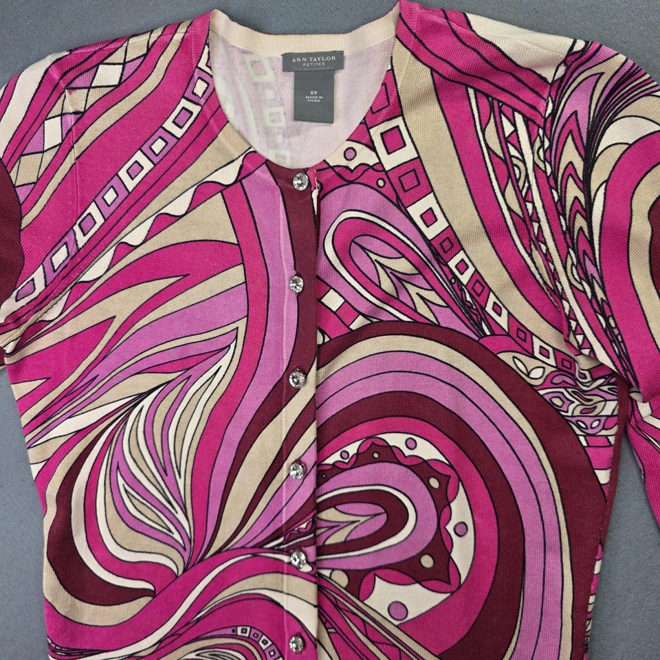 Cardigã Ann Taylor Suéter Feminino Pequeno P Rosa Arte Abstrata Mistura de Seda Colorido - Imagem 2 de 4