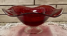 Red Art Glass Pedestal Compote Bowl Vase Clear Ruffle Edge Centerpiece