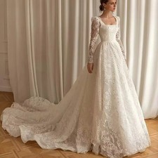 Elegant Lace A-line Square Neck Wedding Dress Long Sleeves Backless Bridal Gowns