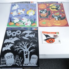 Lot of 4 Vintage Halloween Window Clings Bats Ghosts Black Cats Jack o Lantern